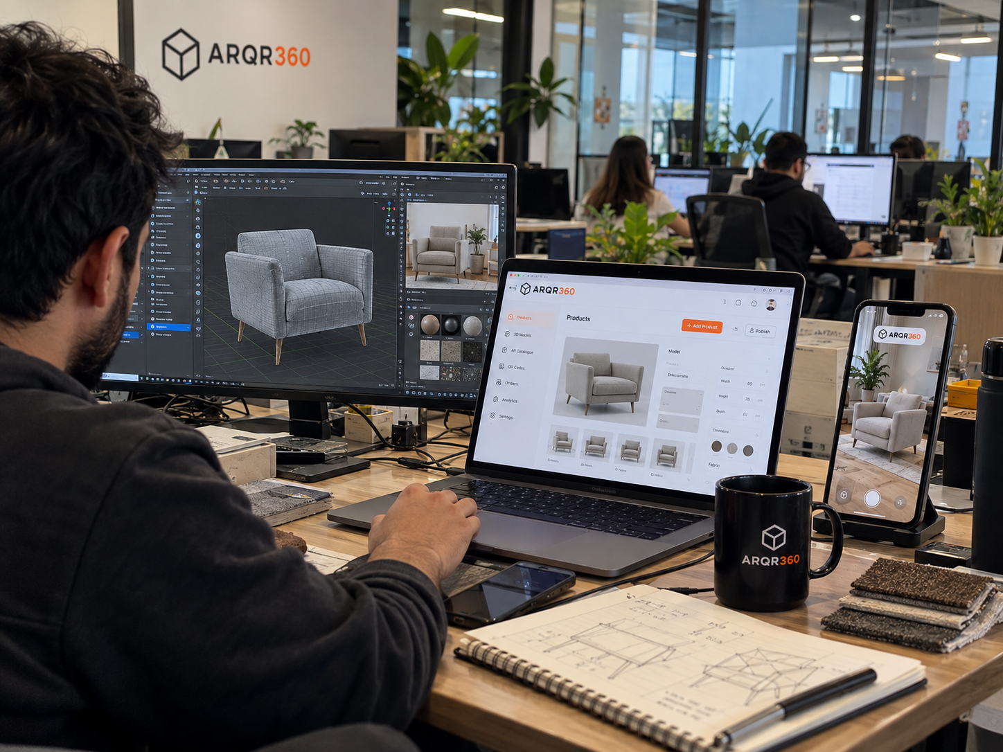 A person using a smartphone to virtually place a true-to-scale sofa into their living room using augmented reality.